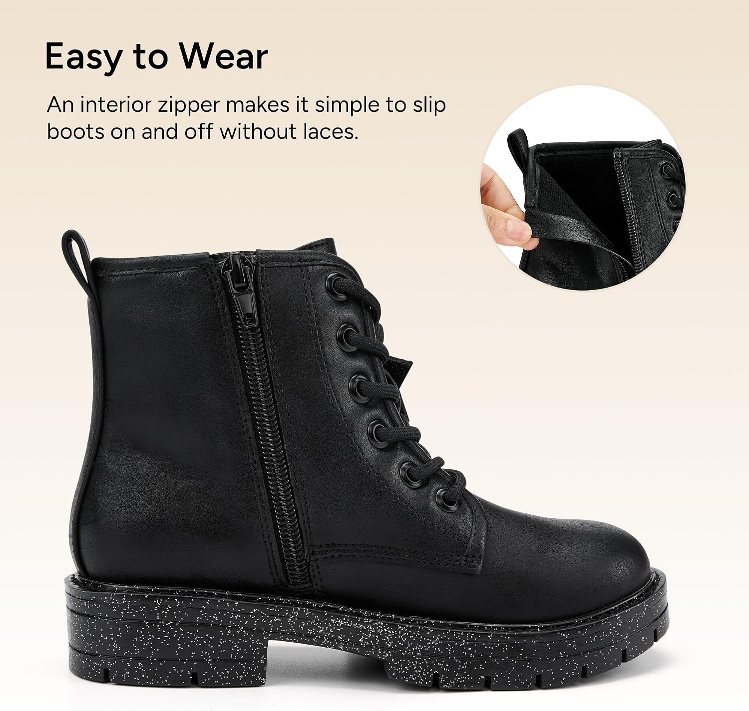 Stelle Combat Boots for Girls Star Print Boots with Lace Up Side Zipper(Black)