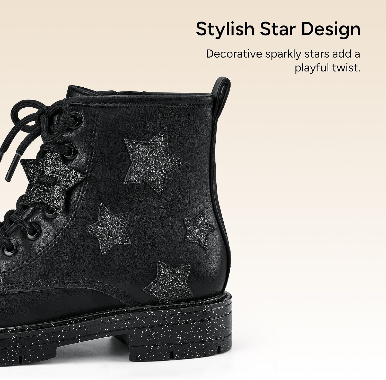 Stelle Combat Boots for Girls Star Print Boots with Lace Up Side Zipper(Black)
