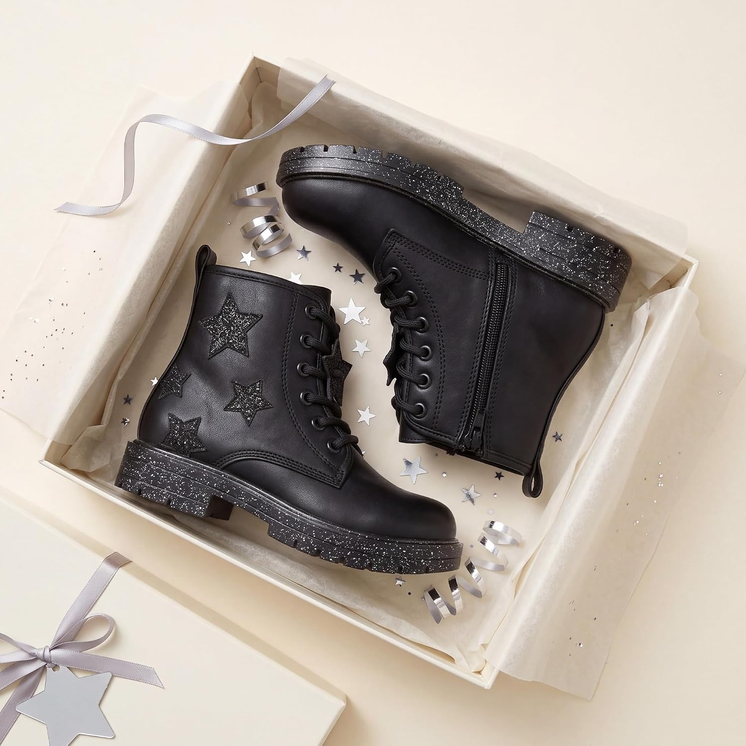 Stelle Combat Boots for Girls Star Print Boots with Lace Up Side Zipper(Black)