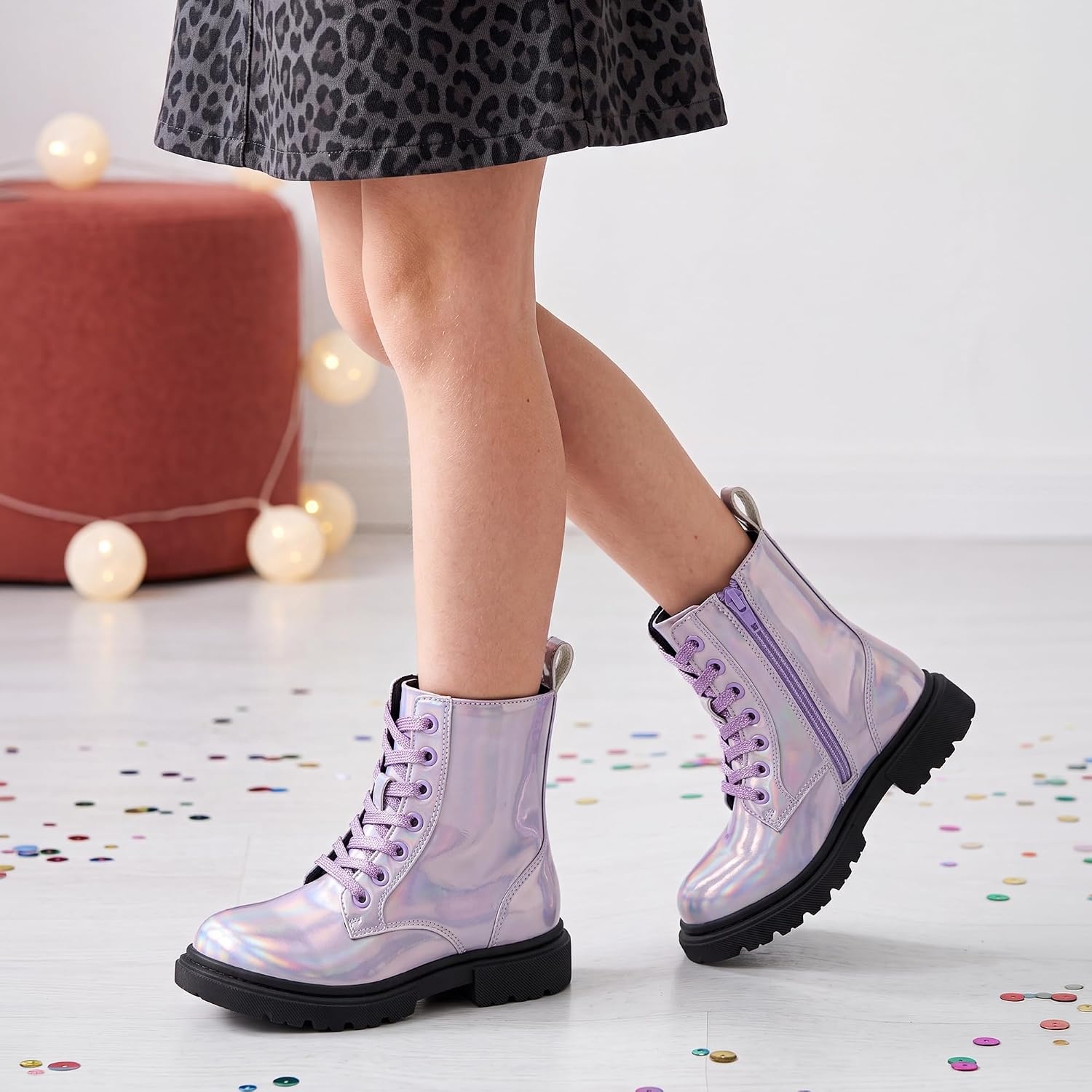 Stelle Girls Combat Ankle Boots with Printed Lace-Up and Side Zipper(Holographic Lavender)