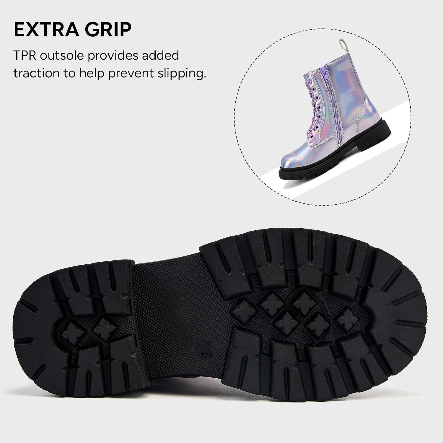 Stelle Girls Combat Ankle Boots with Printed Lace-Up and Side Zipper(Holographic Lavender)
