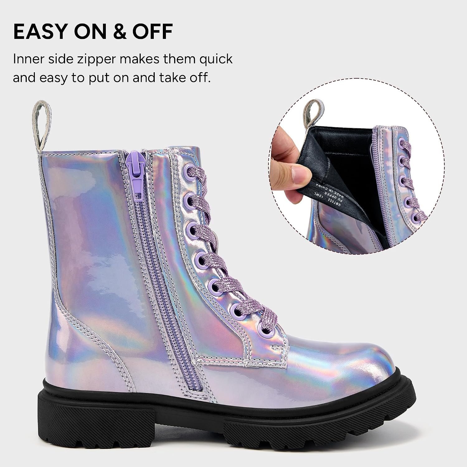 Stelle Girls Combat Ankle Boots with Printed Lace-Up and Side Zipper(Holographic Lavender)