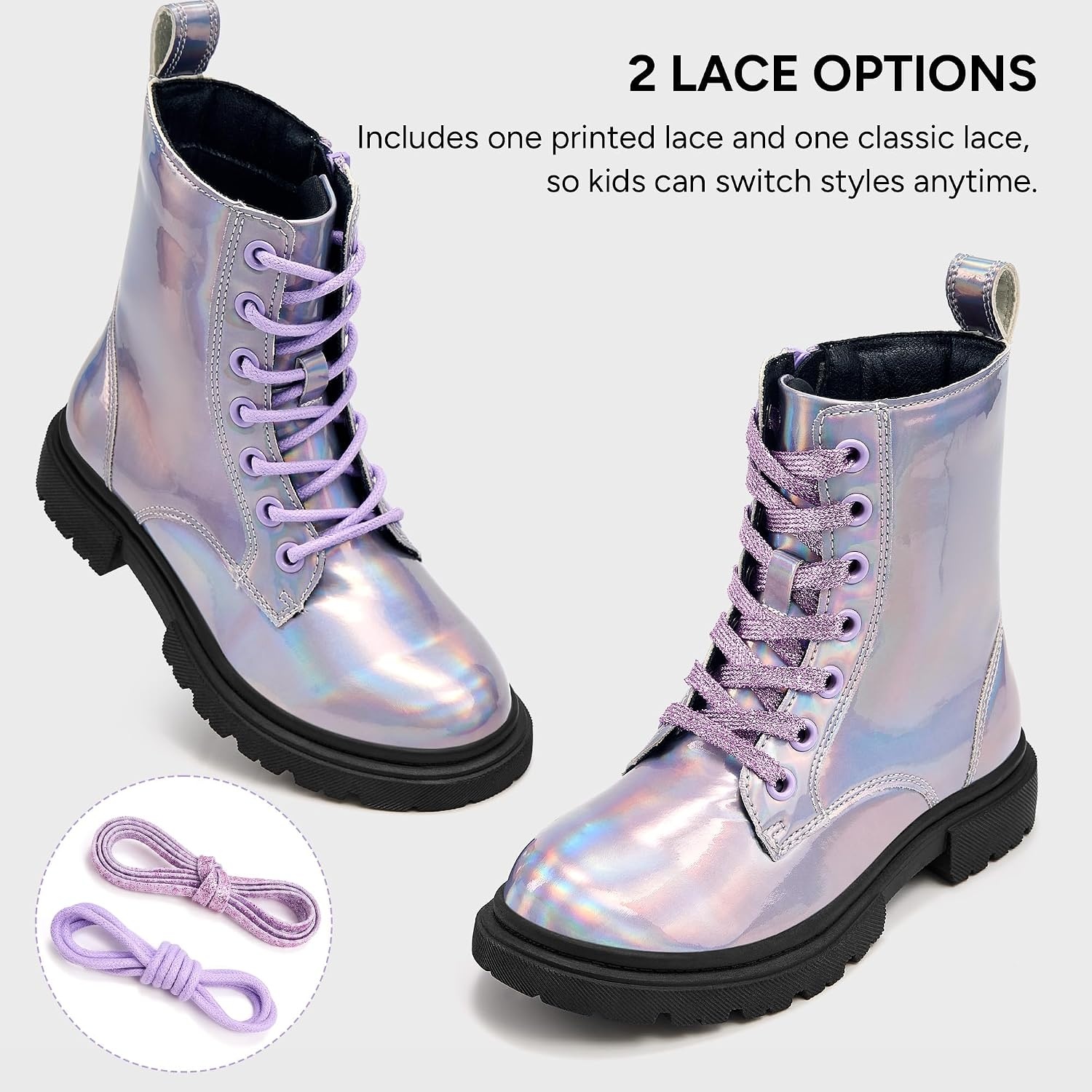 Stelle Girls Combat Ankle Boots with Printed Lace-Up and Side Zipper(Holographic Lavender)
