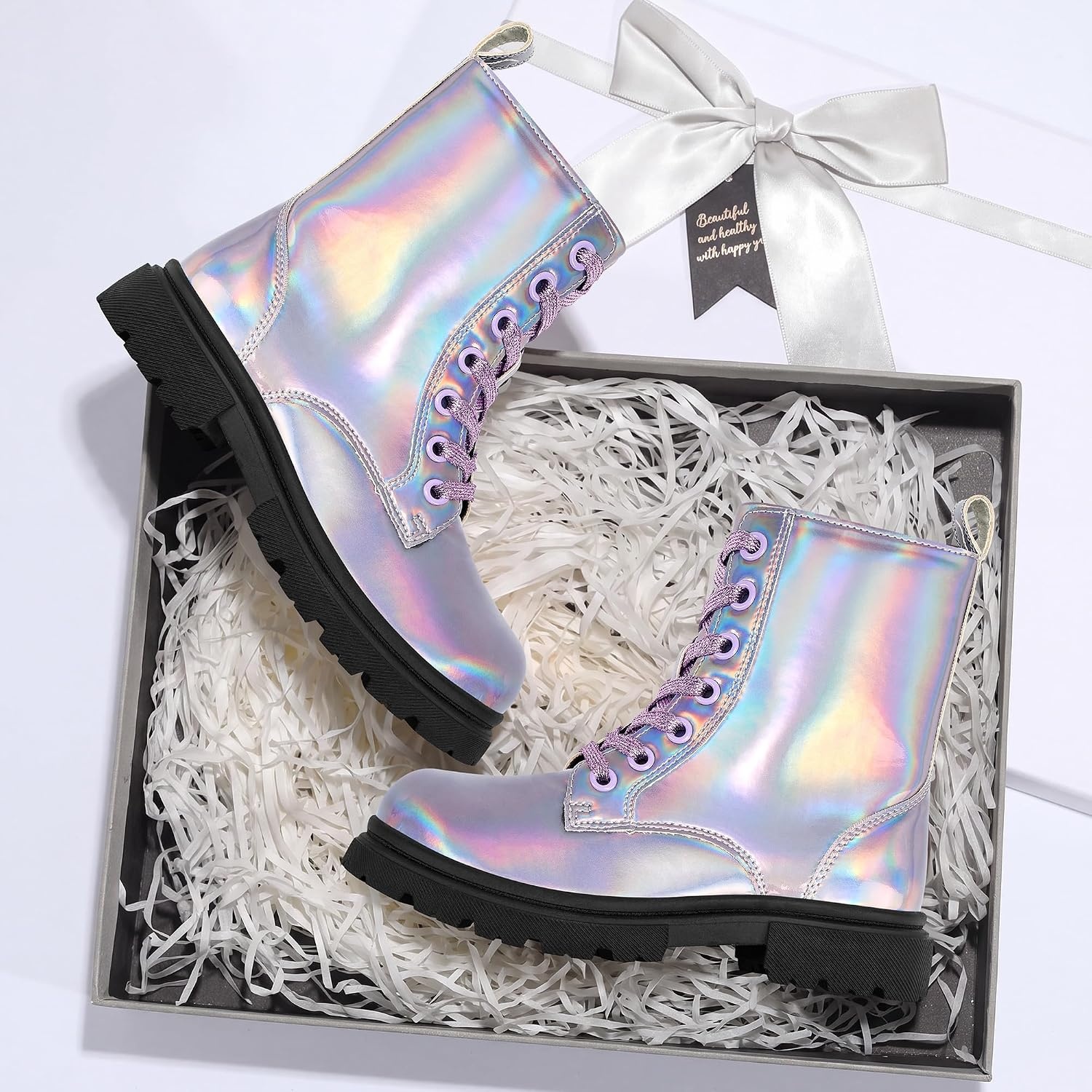 Stelle Girls Combat Ankle Boots with Printed Lace-Up and Side Zipper(Holographic Lavender)