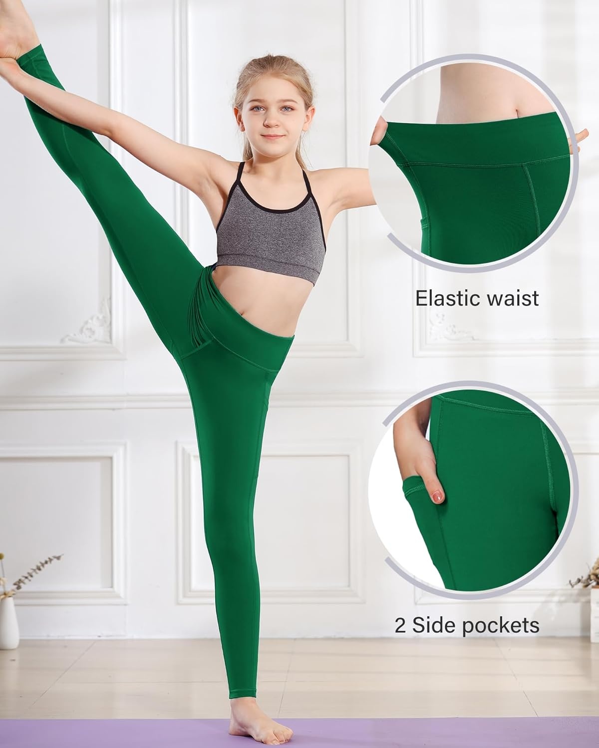 Stelle Girls’ Athletic Leggings Kids Dance Running Yoga Pants Workout Active Dance Tights with Pockets(Evergreen(2 Side Pocket))