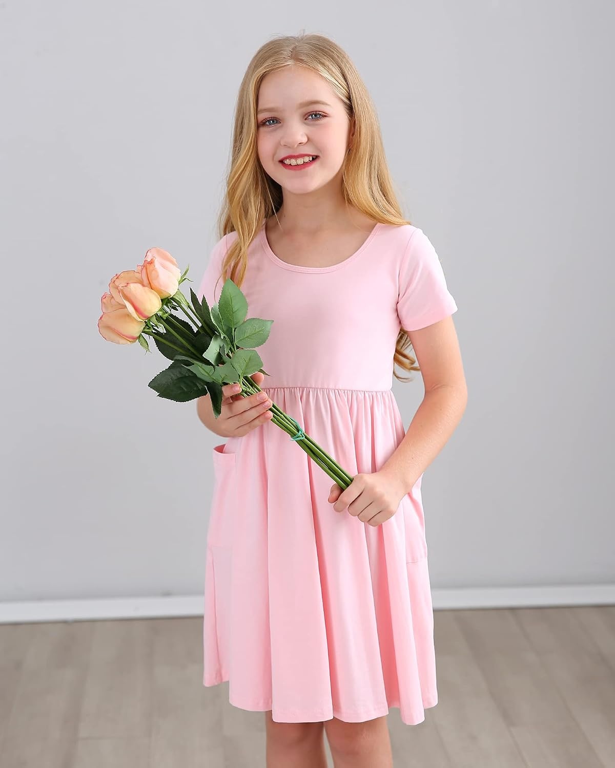 Stelle Girls Cotton Short Sleeve Twirl Skater Dress 3T-12Y(A19-pink (With Pocket))