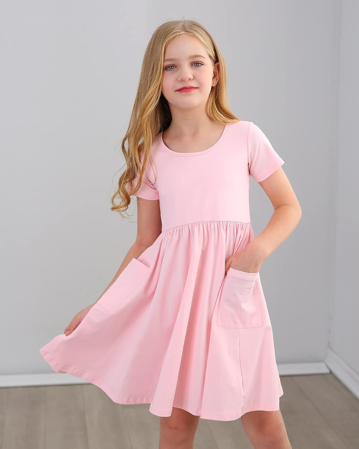 Stelle Girls Cotton Short Sleeve Twirl Skater Dress 3T-12Y(A19-pink (With Pocket))