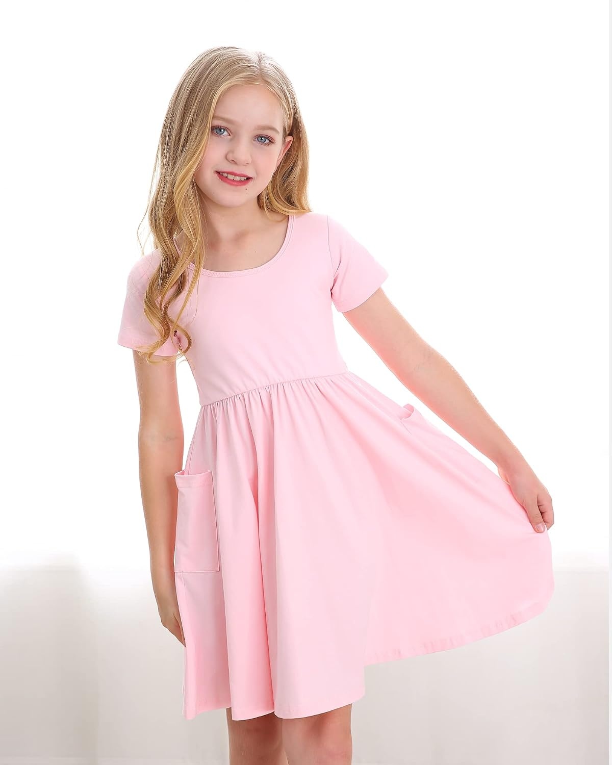 Stelle Girls Cotton Short Sleeve Twirl Skater Dress 3T-12Y(A19-pink (With Pocket))