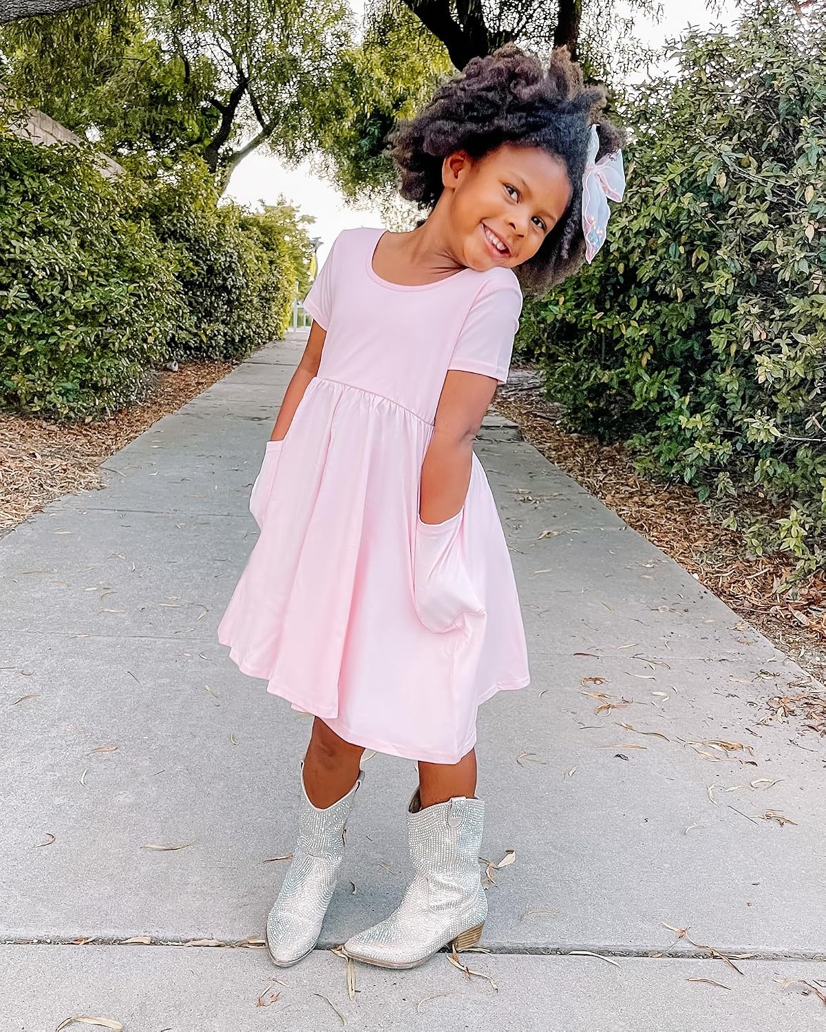 Stelle Girls Cotton Short Sleeve Twirl Skater Dress 3T-12Y(A19-pink (With Pocket))