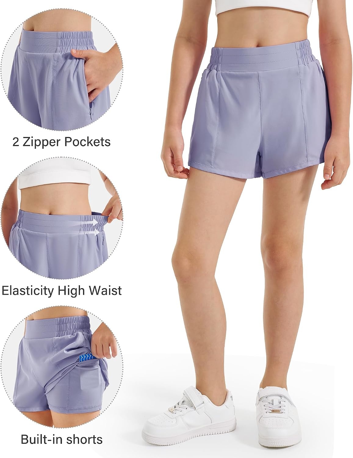 Stelle Girls 2-in-1 Athletic Shorts with Zipper Pockets for Running Sports(Purple Haze)