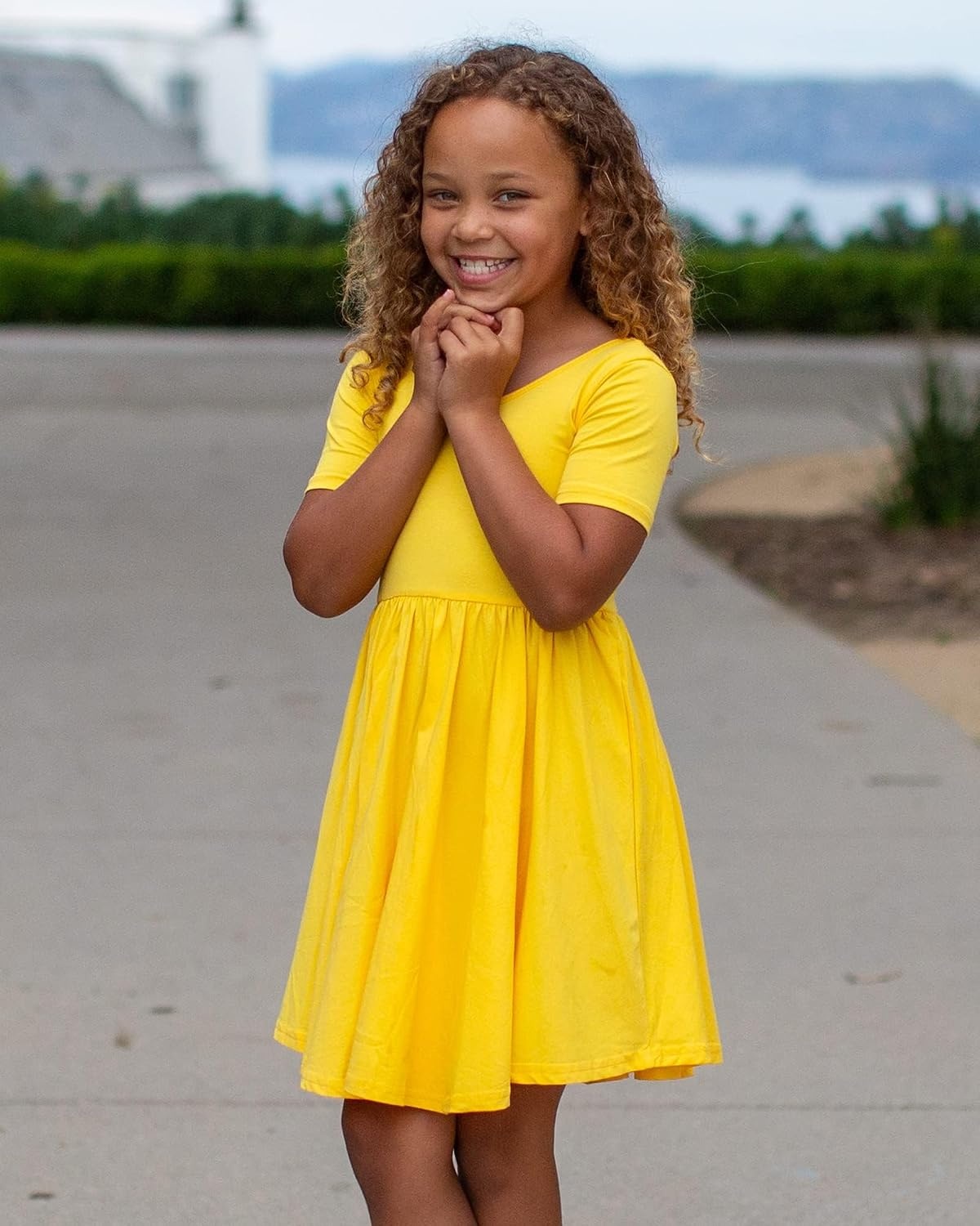 Stelle Girls Cotton Short Sleeve Twirl Skater Dress 3T-12Y(A02-yellow (Without Pocket))