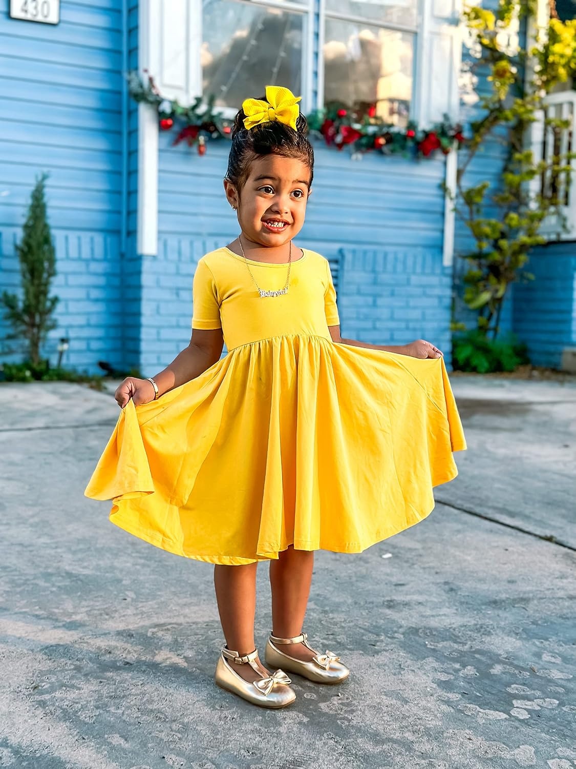 Stelle Girls Cotton Short Sleeve Twirl Skater Dress 3T-12Y(A02-yellow (Without Pocket))