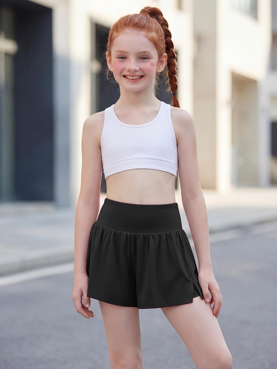 Stelle Girls Athletic Shorts Flowy Running Butterfly Short with Pockets | Lightweight, 2 in 1 Butterfly Design, Built-in Shorts, Inner Pockets, Running, Tennis, Soccer, Dance, Active Wear(Black)