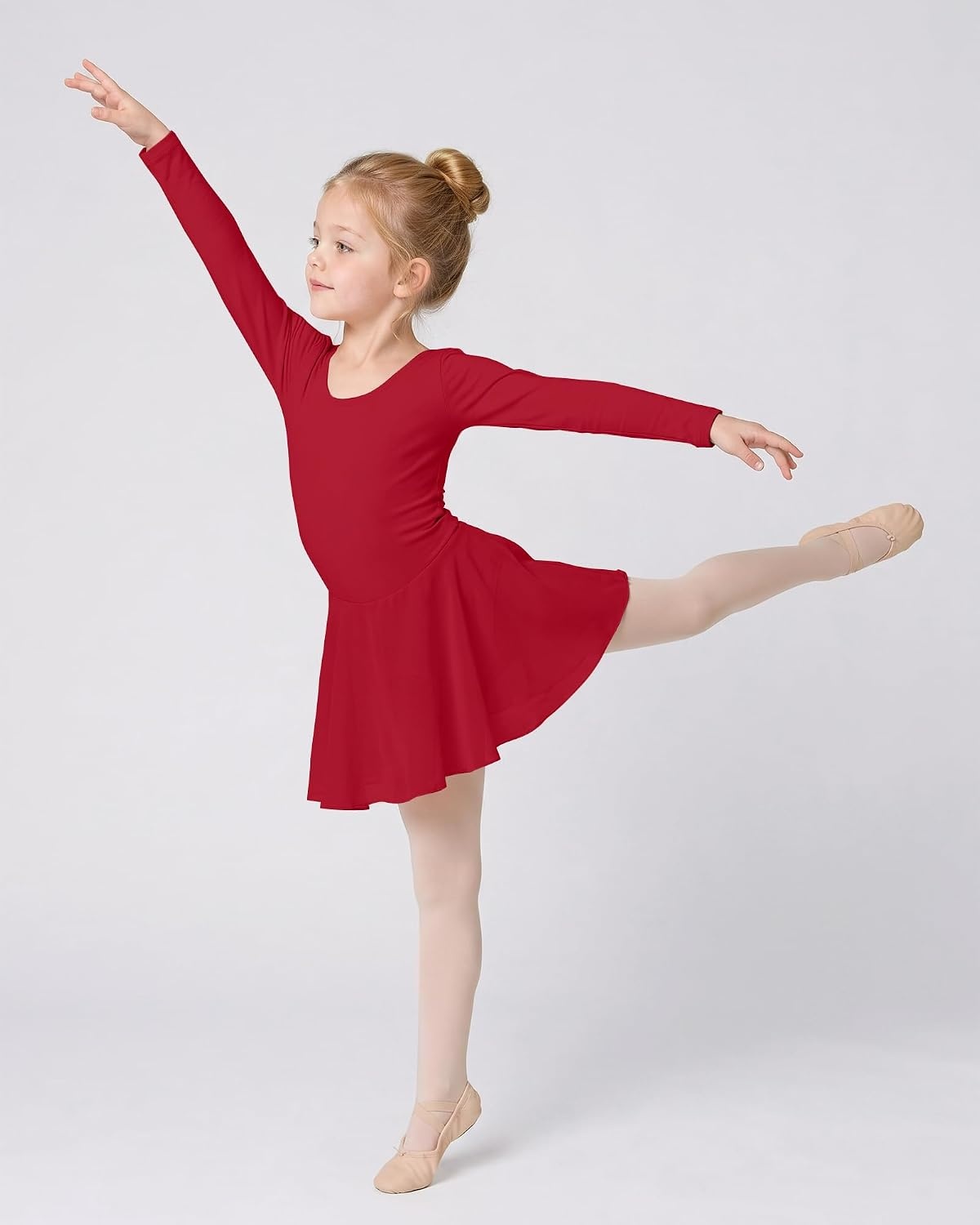 Stelle Girls Long Sleeve Leotard Dress with Footed Tights for Ballet/Dance(Red)