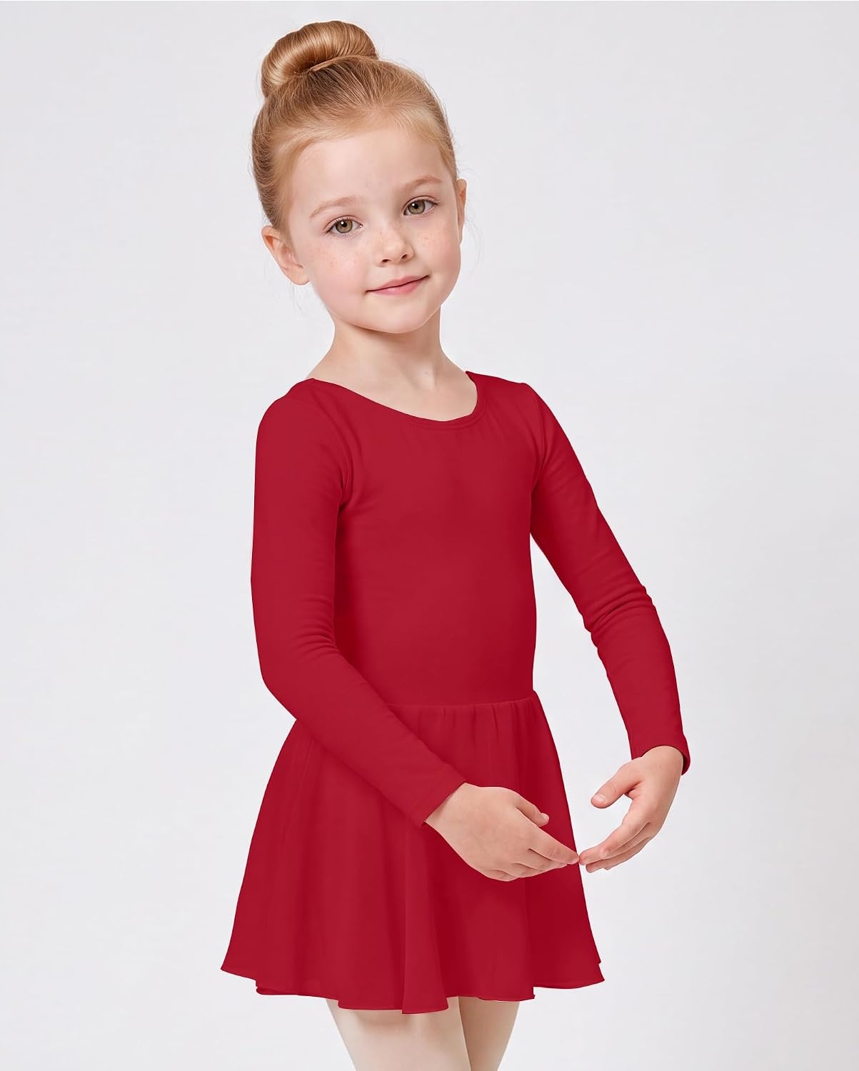 Stelle Girls Long Sleeve Leotard Dress with Footed Tights for Ballet/Dance(Red)
