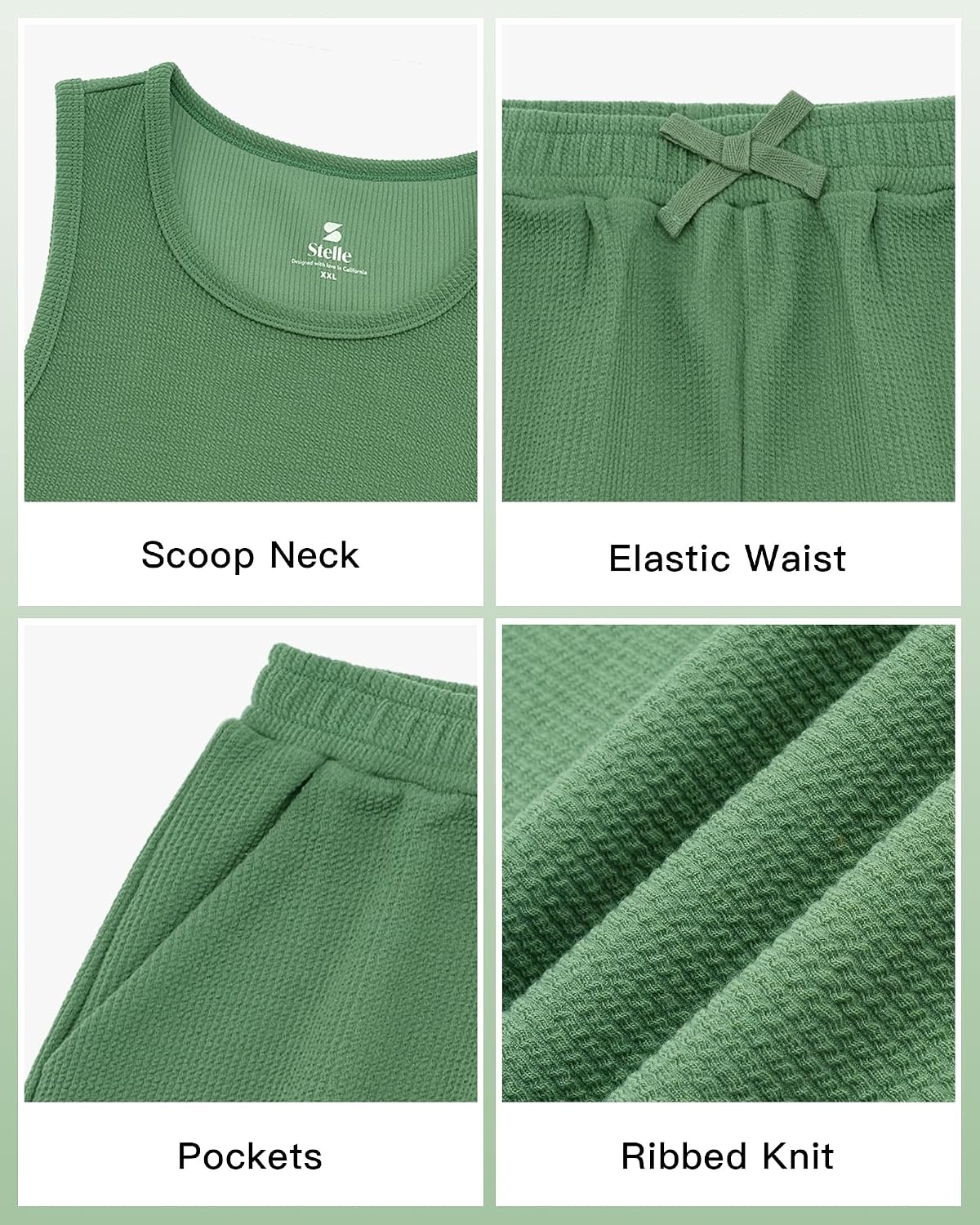 Stelle Girls 2 Piece Outfits Tank Top and Shorts with Pockets 5-15 Years | Girls Ribbed Crop Tops,Scoop Neck,Sleeveless shirts,Elastic Waist Shorts,Bow Waist,Side Pockets(Grass Green)