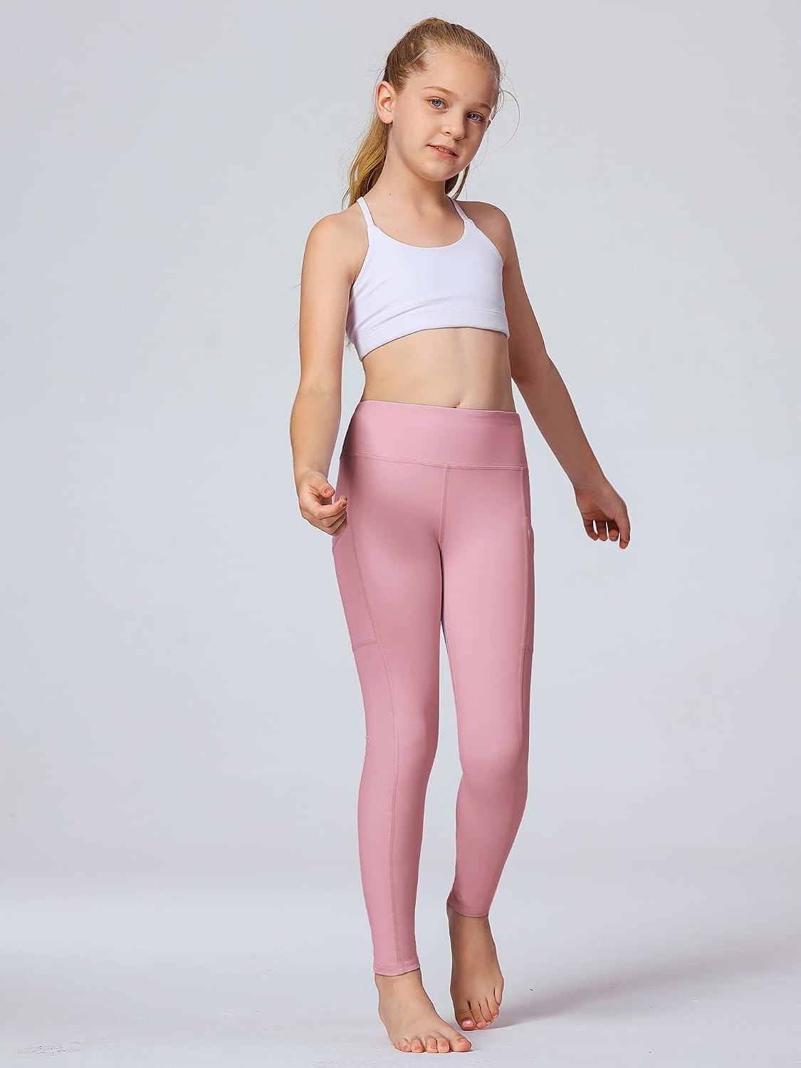 Stelle Girls’ Athletic Leggings Kids Dance Running Yoga Pants Workout Active Dance Tights with Pockets(Black-charcoal-pink)