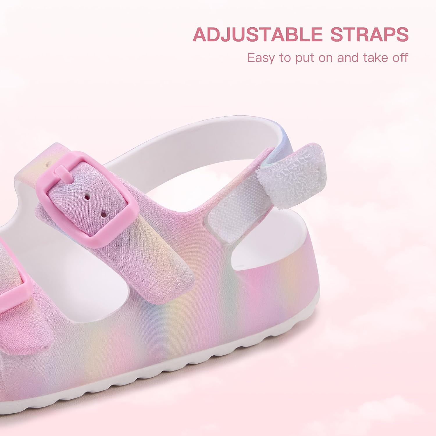 Stelle Toddler Girls Adjustable Buckle Open Toe Sandals | Hook-and-Loop Heel Strap Lightweight Construction Comfortable Fit Flexible Movement Summer Everyday Wear Toddler to Big Kids(Rainbow)