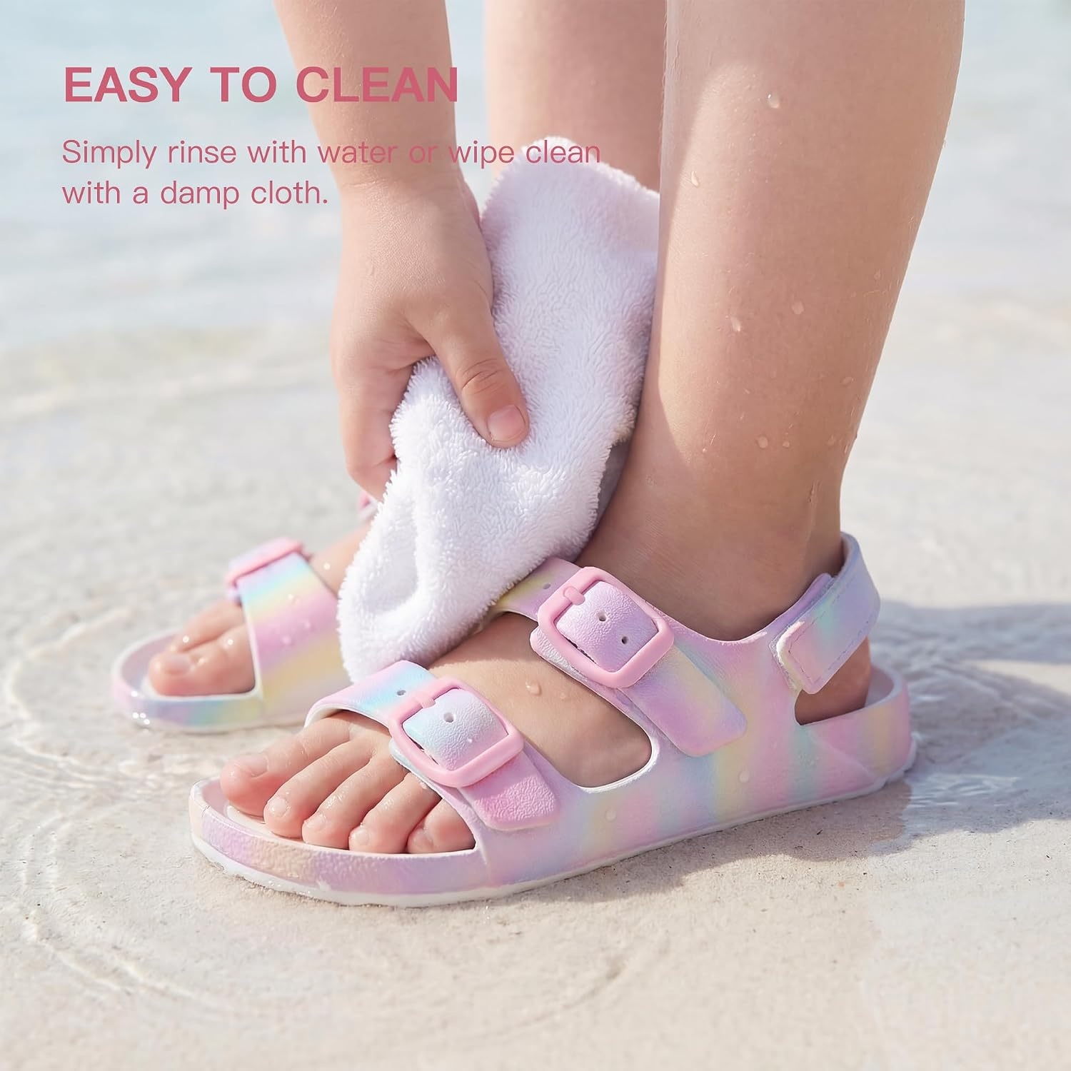Stelle Toddler Girls Adjustable Buckle Open Toe Sandals | Hook-and-Loop Heel Strap Lightweight Construction Comfortable Fit Flexible Movement Summer Everyday Wear Toddler to Big Kids(Rainbow)