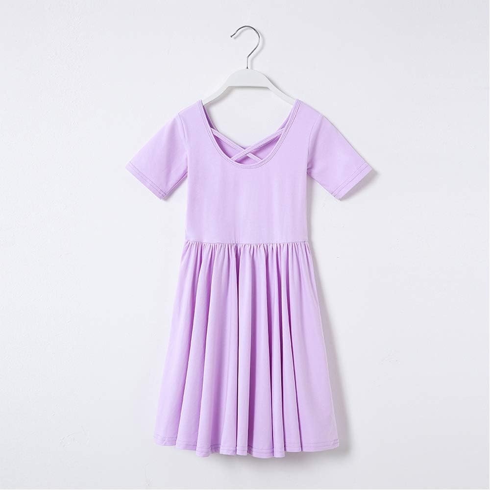 Stelle Girls Cotton Short Sleeve Twirl Skater Dress 3T-12Y(A02-lavender (Without Pocket))