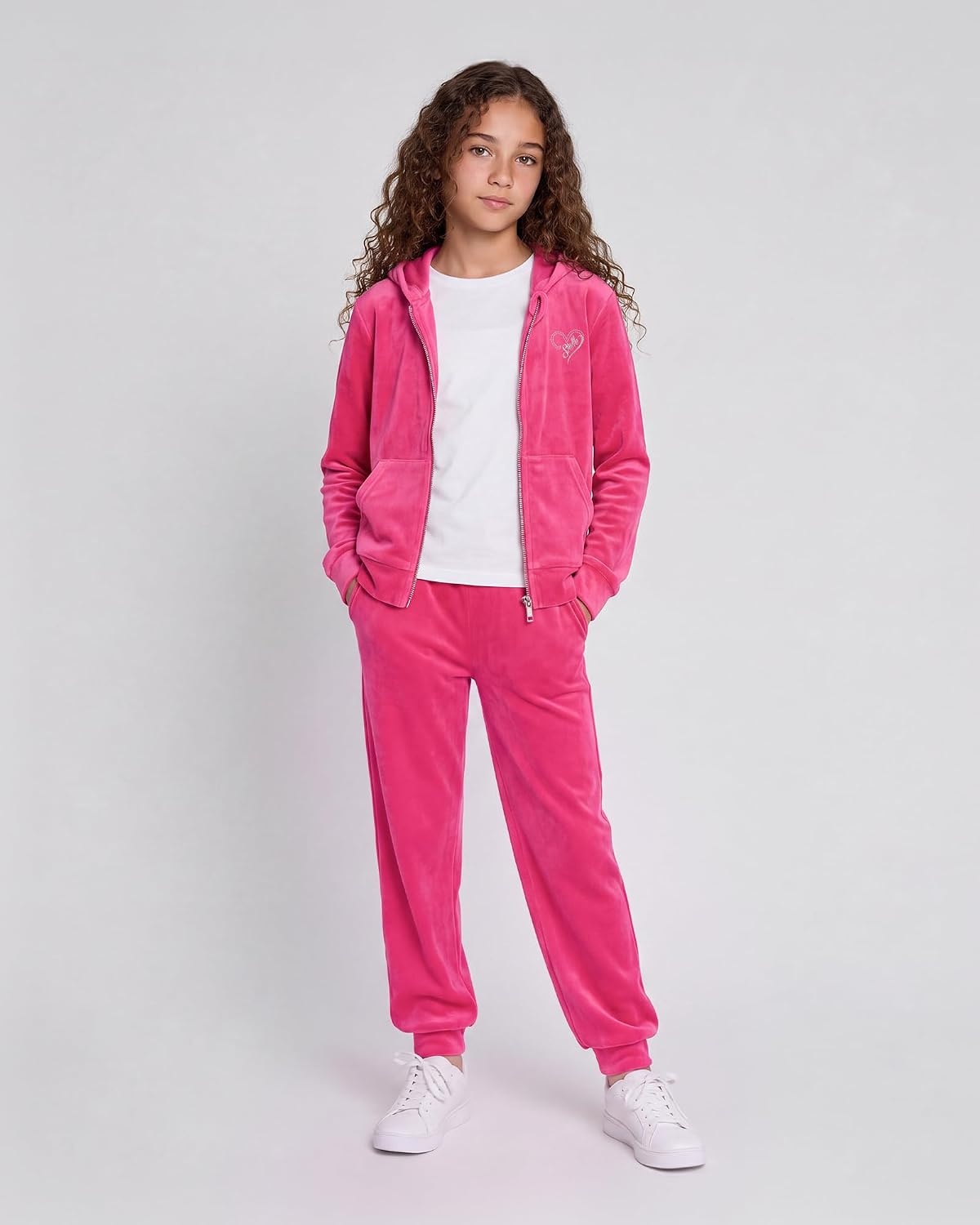 Stelle Girls Velour Tracksuits Zip Up Hoodies Joggers with Pockets 5-15 Y(Hot Pink)