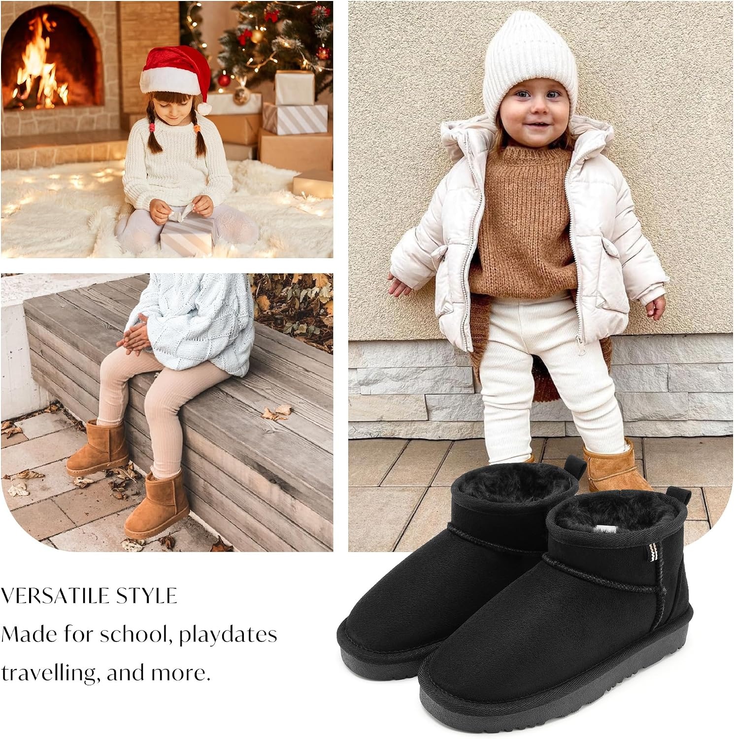 Stelle Kids Snow Boots Girls Boys Winter Ankle Boots Outdoor Warm Slip On Faux Fur Lined Shoes for Toddler/Little/Big Kid(Black)