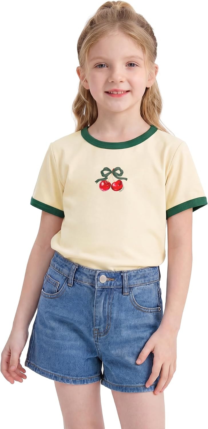 Stelle Girls Retro Graphic T Shirt Soft Stretch Crewneck for School | Lightweight, Breathable, Soft, Stretchy, Cherry graphic, Relaxed fit, School, Play, Sports, Everyday wear, Vintage style(Cherry|vanilla)