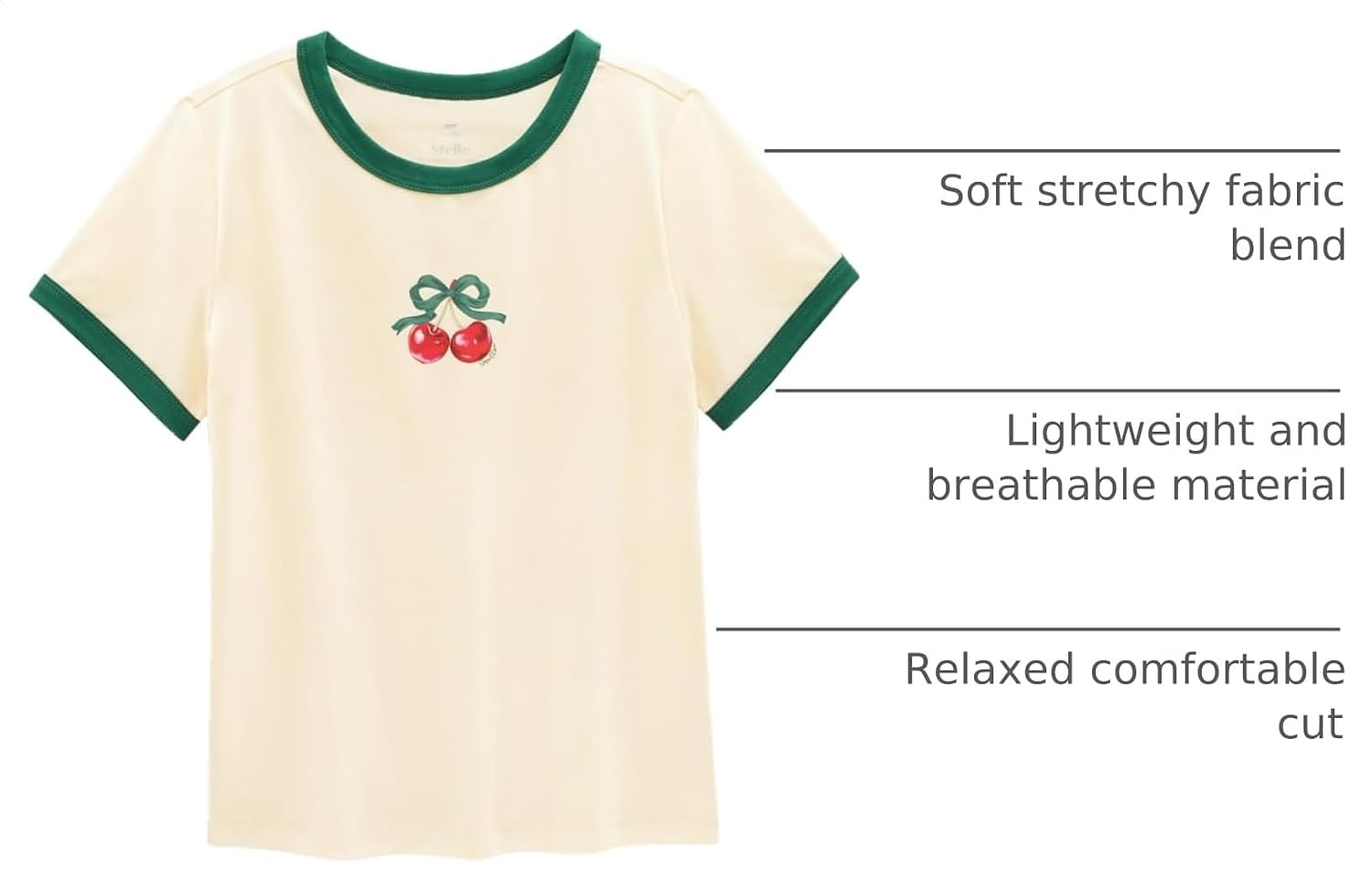 Stelle Girls Retro Graphic T Shirt Soft Stretch Crewneck for School | Lightweight, Breathable, Soft, Stretchy, Cherry graphic, Relaxed fit, School, Play, Sports, Everyday wear, Vintage style(Cherry|vanilla)