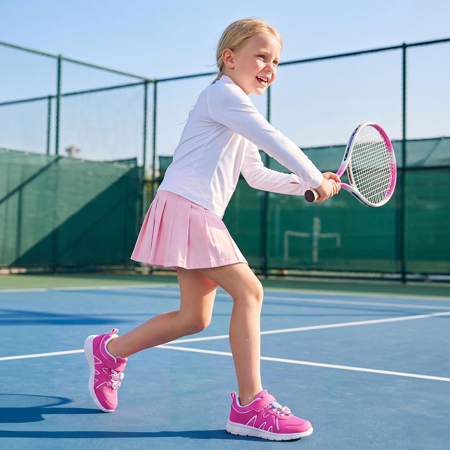 Stelle Tennis Shoes for Girls Kids Sneakers | Non-Slip Sole Lightweight Breathable Athletic Sports Running Shoes for Toddler/Little Kid/Big Kid(Fuchsia+charms)