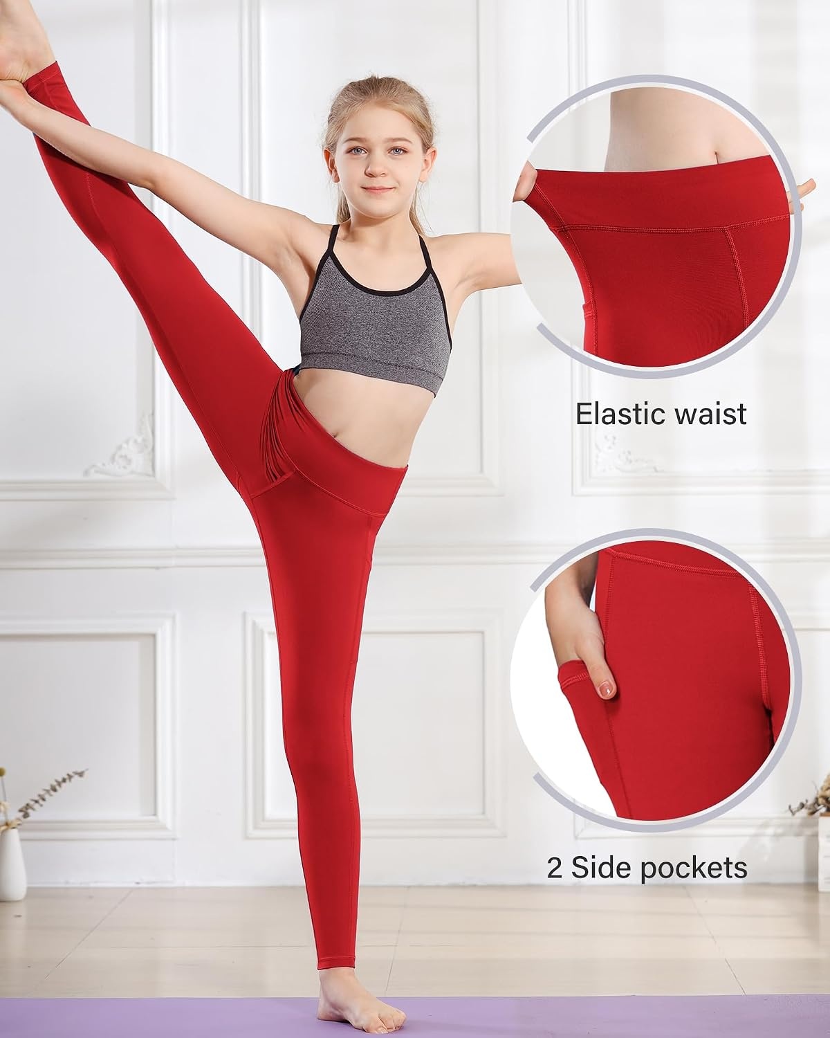 Stelle Girls Leggings with Pockets Kids Dance Yoga Running Athletic Pants(Red)