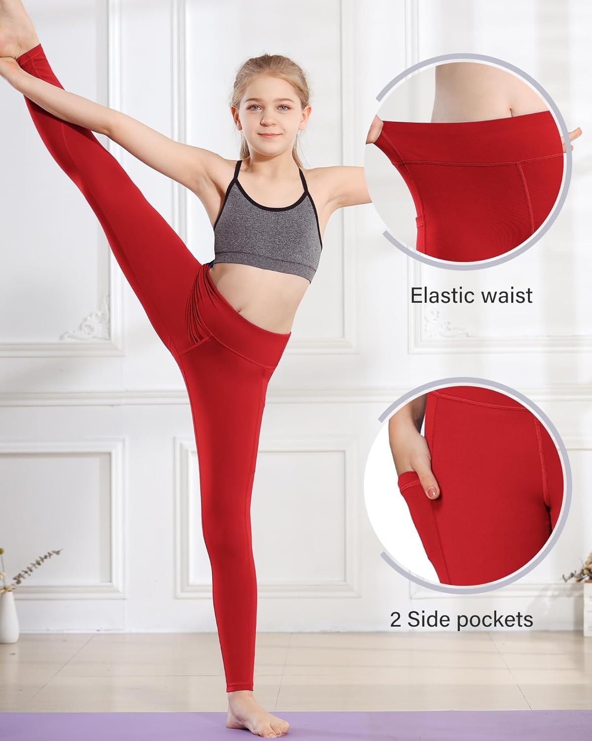 Stelle Girls’ Athletic Leggings Kids Dance Running Yoga Pants Workout Active Dance Tights with Pockets(Red)