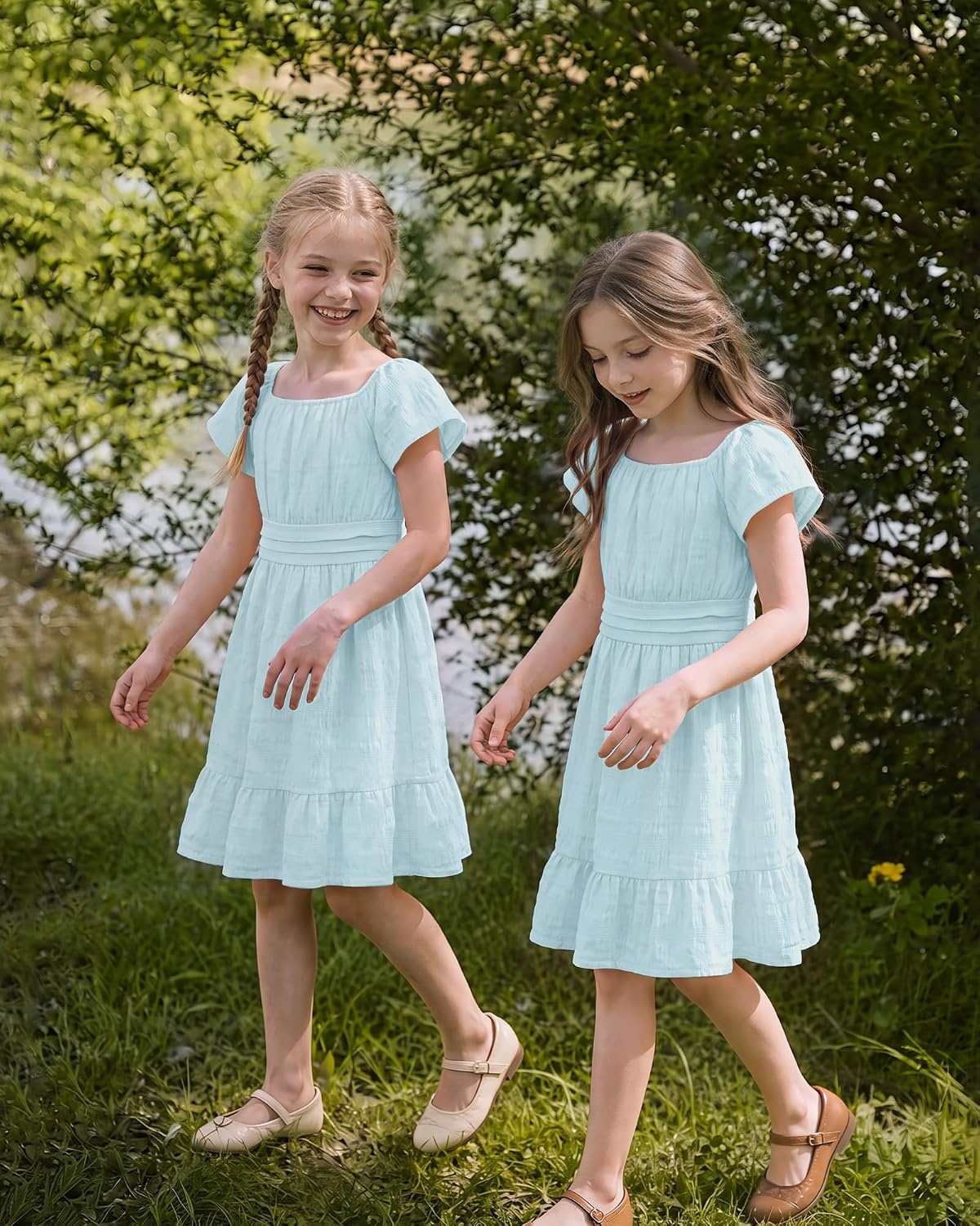 Stelle Girls Summer Casual Smocked Dress 5-15 Years | Square Neck,Smocked Back,Cotton Lining,Short Sleeve,Double Layer,A Line,Twirl,Vacation School Beach Holiday Skater Dress(Light Blue)