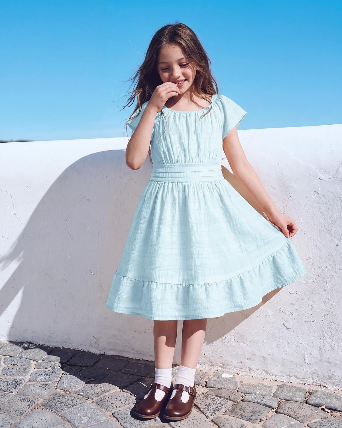 Stelle Girls Summer Casual Smocked Dress 5-15 Years | Square Neck,Smocked Back,Cotton Lining,Short Sleeve,Double Layer,A Line,Twirl,Vacation School Beach Holiday Skater Dress(Light Blue)