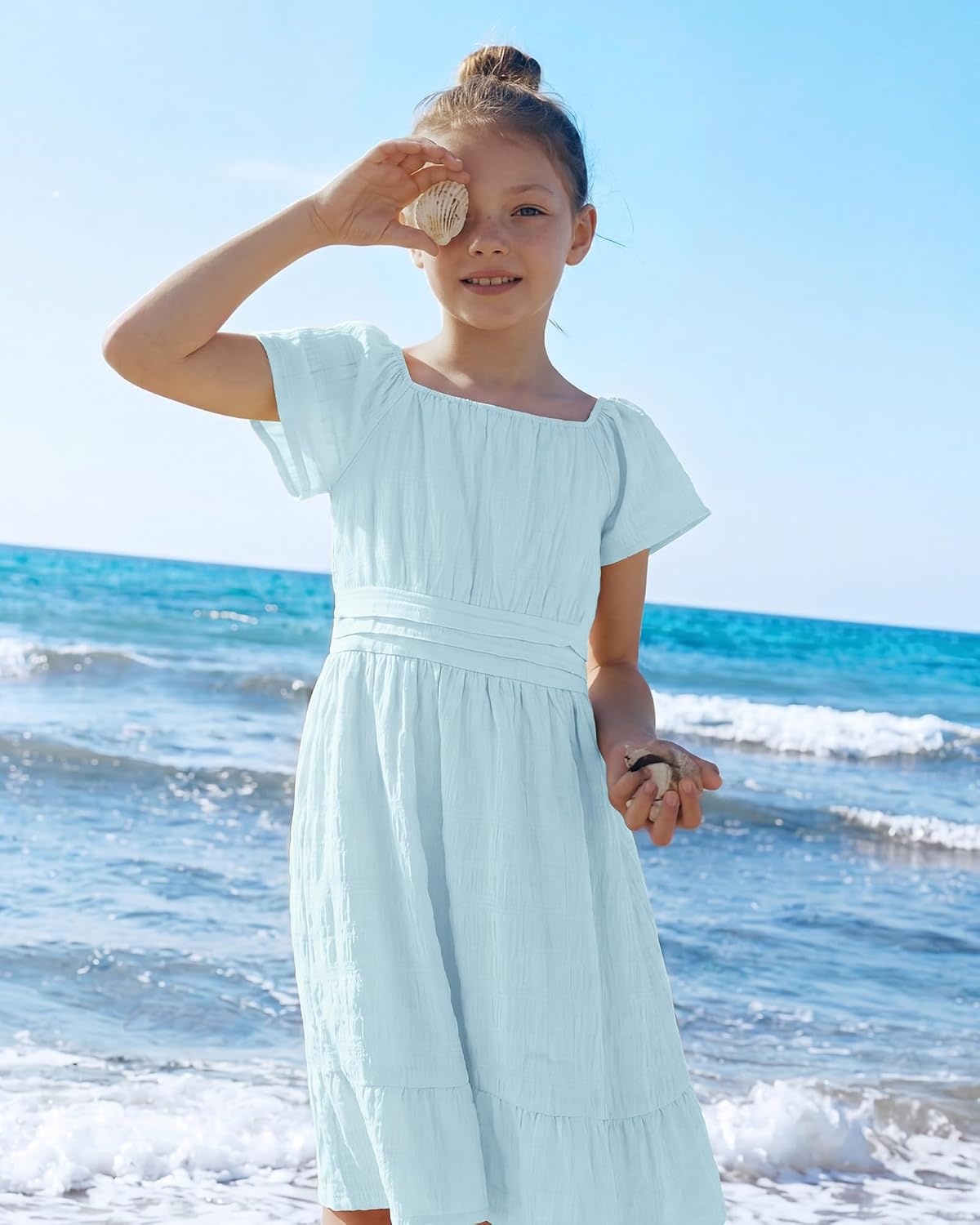 Stelle Girls Summer Casual Smocked Dress 5-15 Years | Square Neck,Smocked Back,Cotton Lining,Short Sleeve,Double Layer,A Line,Twirl,Vacation School Beach Holiday Skater Dress(Light Blue)