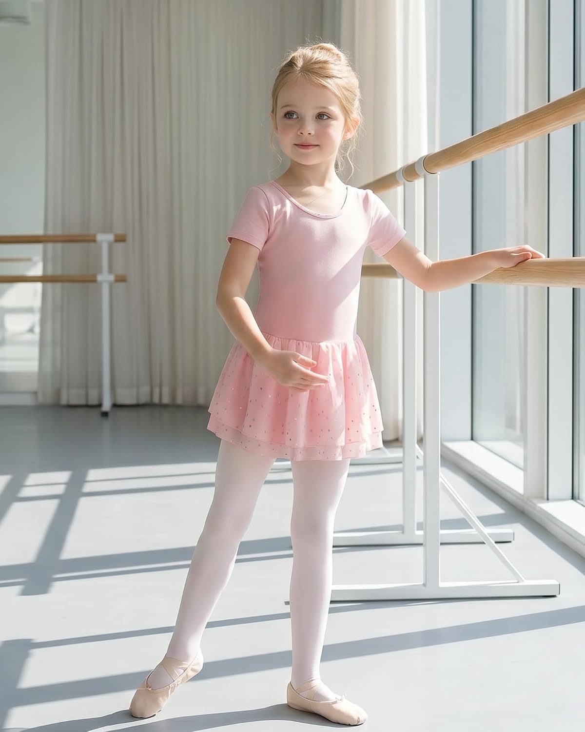 Stelle Ballet Leotards for Girls Toddler Dance Ballerina Costumes Dresses | Toddler Ballet Dress with Double-Layer Sequin Skirt, Short Sleeve Leotard Dress for Ballet, Gymnastics & Performance(Ballet Pink)