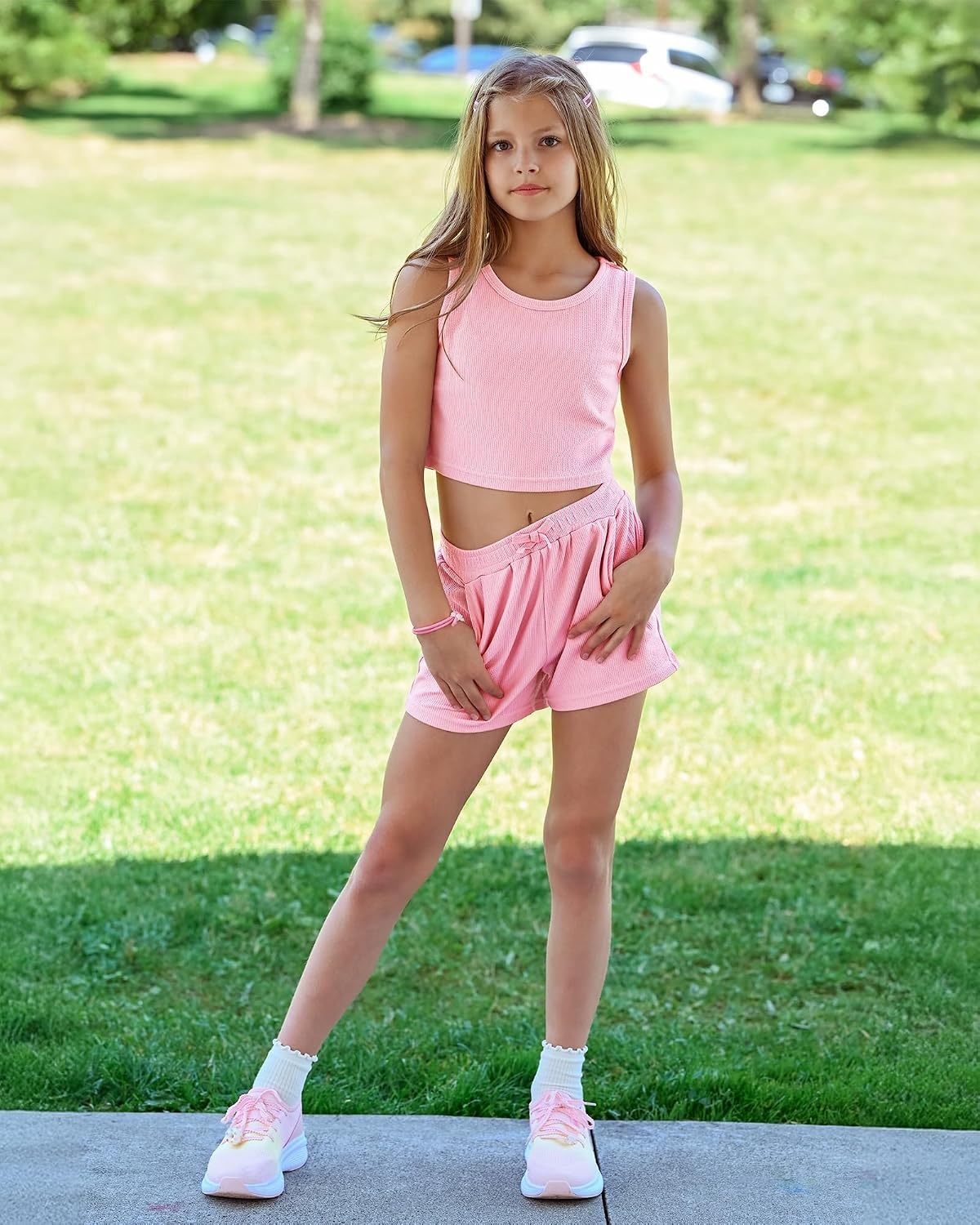Stelle Girls 2 Piece Outfits Tank Top and Shorts with Pockets 5-15 Years | Girls Ribbed Tops,Crop Tops,Scoop Neck,Sleeveless Tops,Elastic Waist Shorts,Bow Waist,Side Pockets(Pink)
