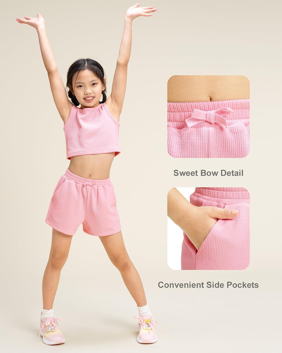 Stelle Girls 2 Piece Outfits Tank Top and Shorts with Pockets 5-15 Years | Girls Ribbed Tops,Crop Tops,Scoop Neck,Sleeveless Tops,Elastic Waist Shorts,Bow Waist,Side Pockets(Pink)