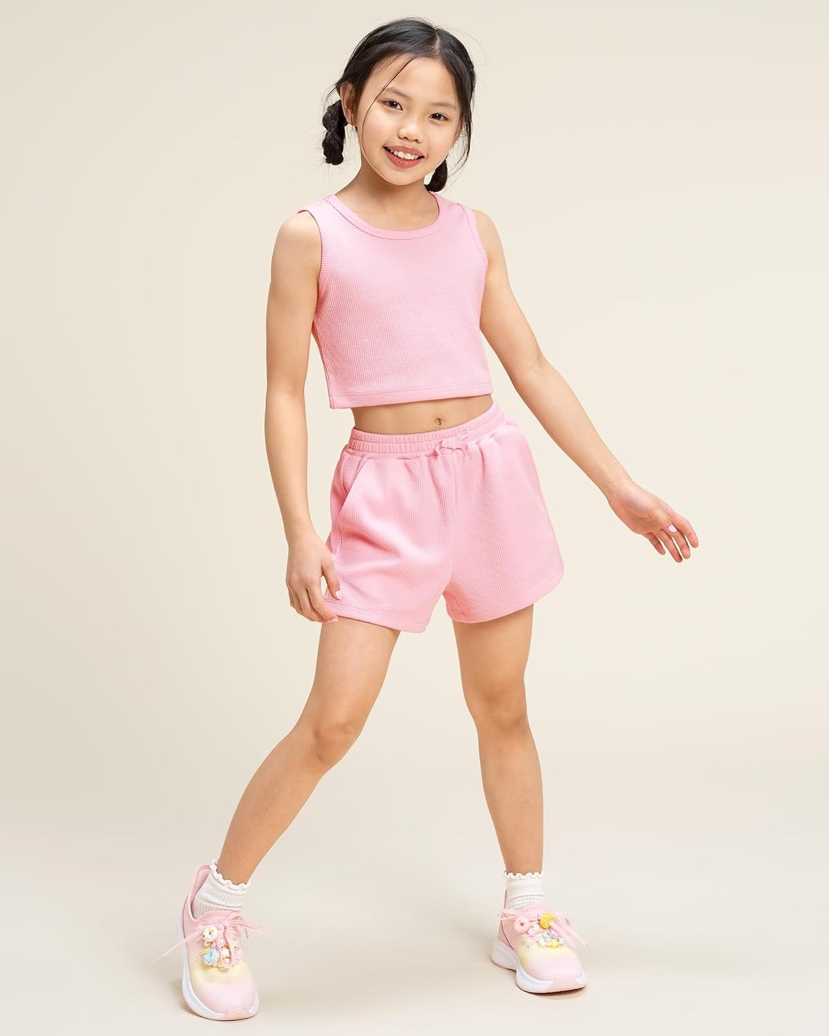 Stelle Girls 2 Piece Outfits Tank Top and Shorts with Pockets 5-15 Years | Girls Ribbed Tops,Crop Tops,Scoop Neck,Sleeveless Tops,Elastic Waist Shorts,Bow Waist,Side Pockets(Pink)