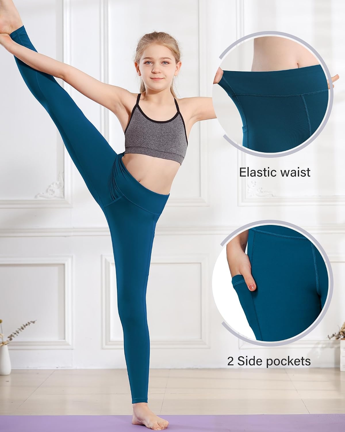 Stelle Girls Leggings with Pockets Kids Dance Yoga Running Athletic Pants(Oceanic (2 Side Pocket))