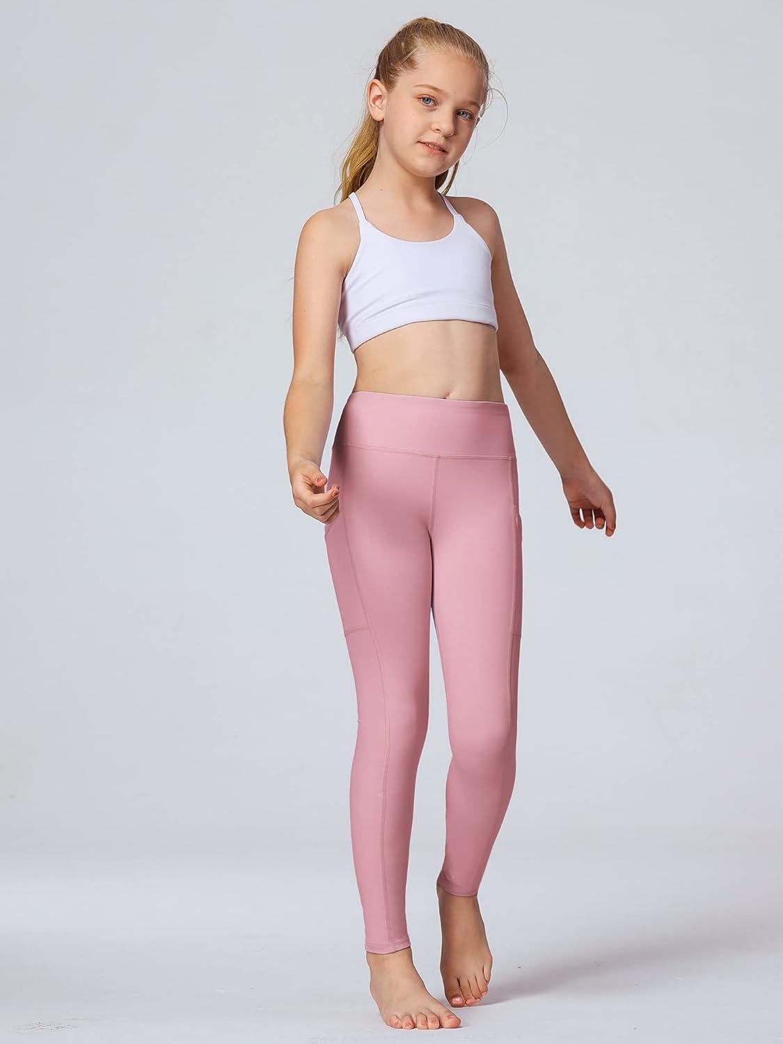 Stelle Girls’ Athletic Leggings Kids Dance Running Yoga Pants Workout Active Dance Tights with Pockets(Pink (2 Side Pocket))