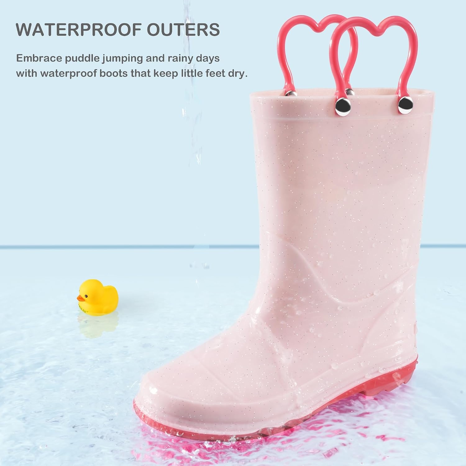 Stelle Girls Waterproof Rain Boots with Easy-On Handles | Girls & Boys Lightweight Cute Heart Handles Non-Slip Sole Rain Puddle Outdoor Play for Toddler to Kids(Light Pink)