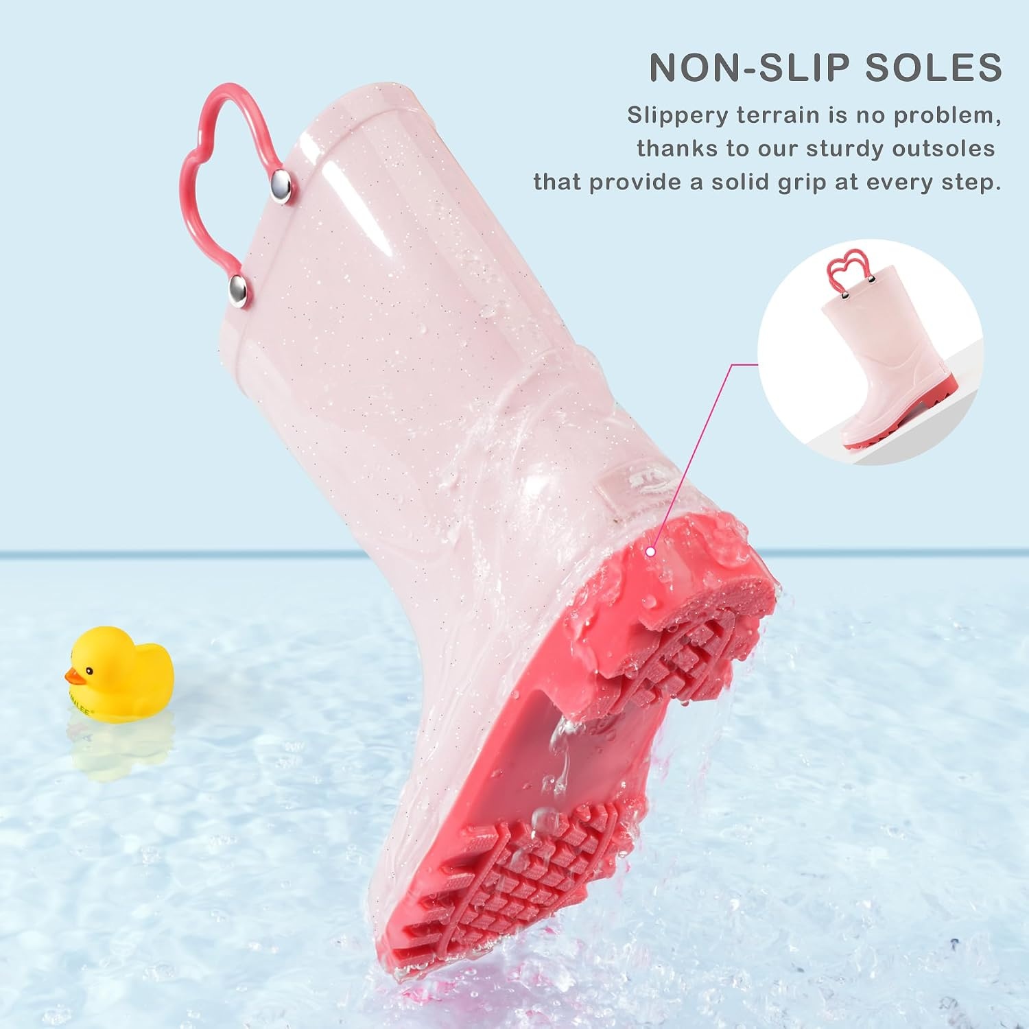 Stelle Girls Waterproof Rain Boots with Easy-On Handles | Girls & Boys Lightweight Cute Heart Handles Non-Slip Sole Rain Puddle Outdoor Play for Toddler to Kids(Light Pink)