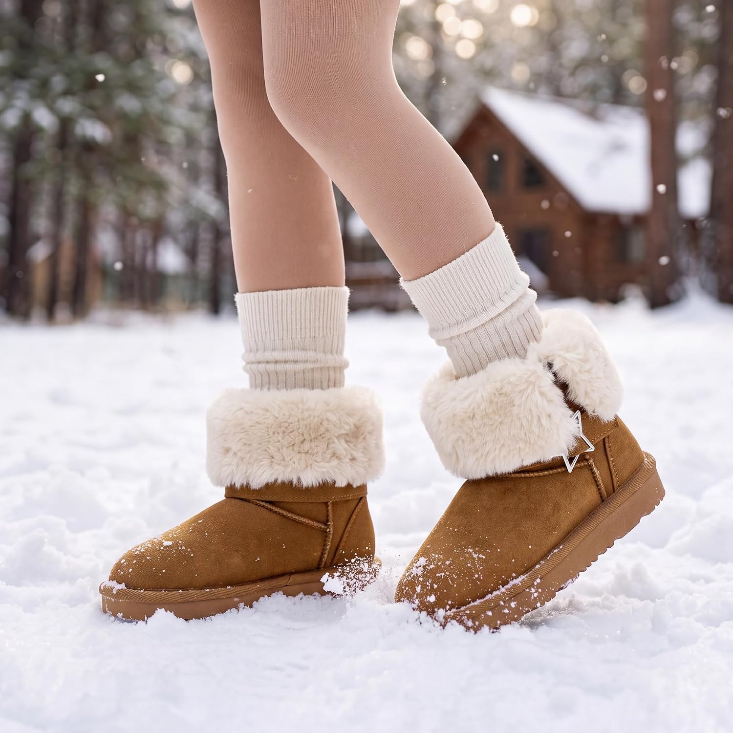 Stelle Girls Winter Boots Faux Fur Lined Fold-Down Collar(Chestnut)