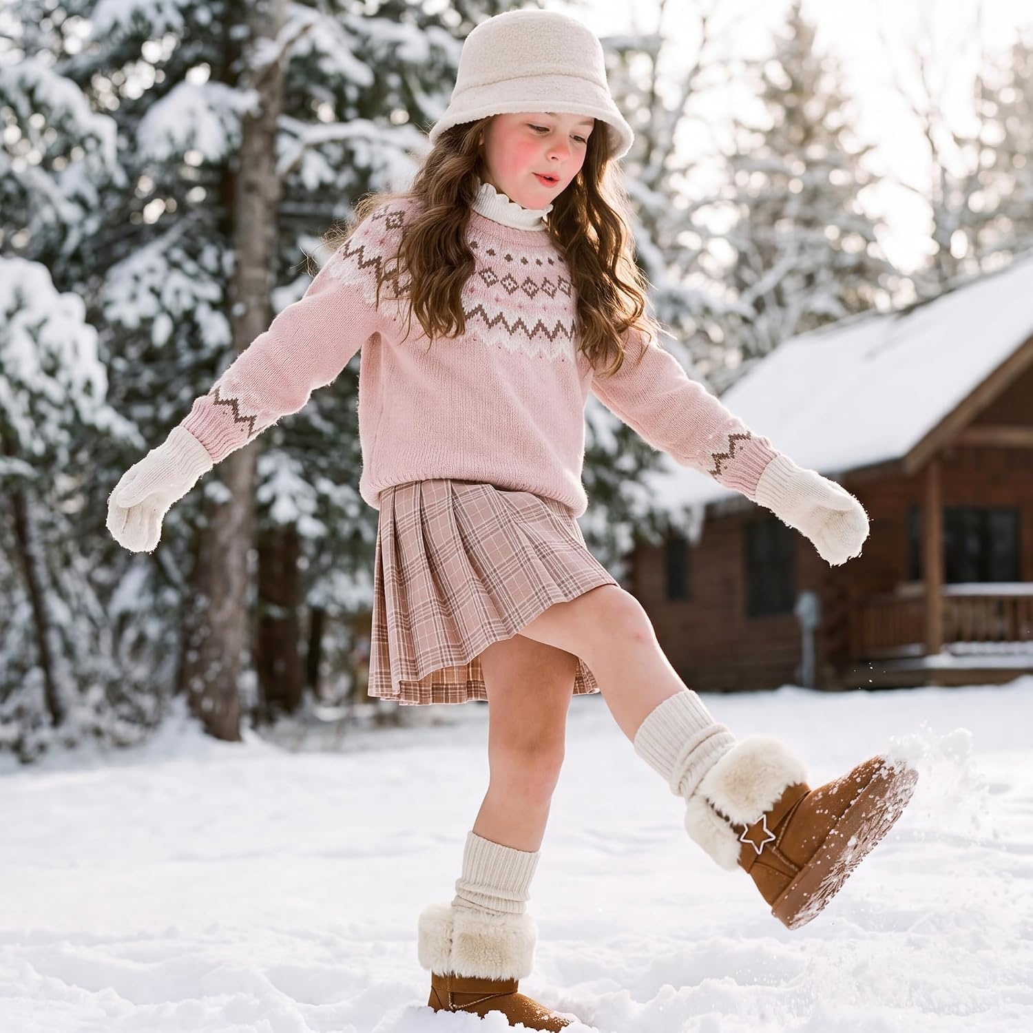 Stelle Girls Winter Boots Faux Fur Lined Fold-Down Collar(Chestnut)