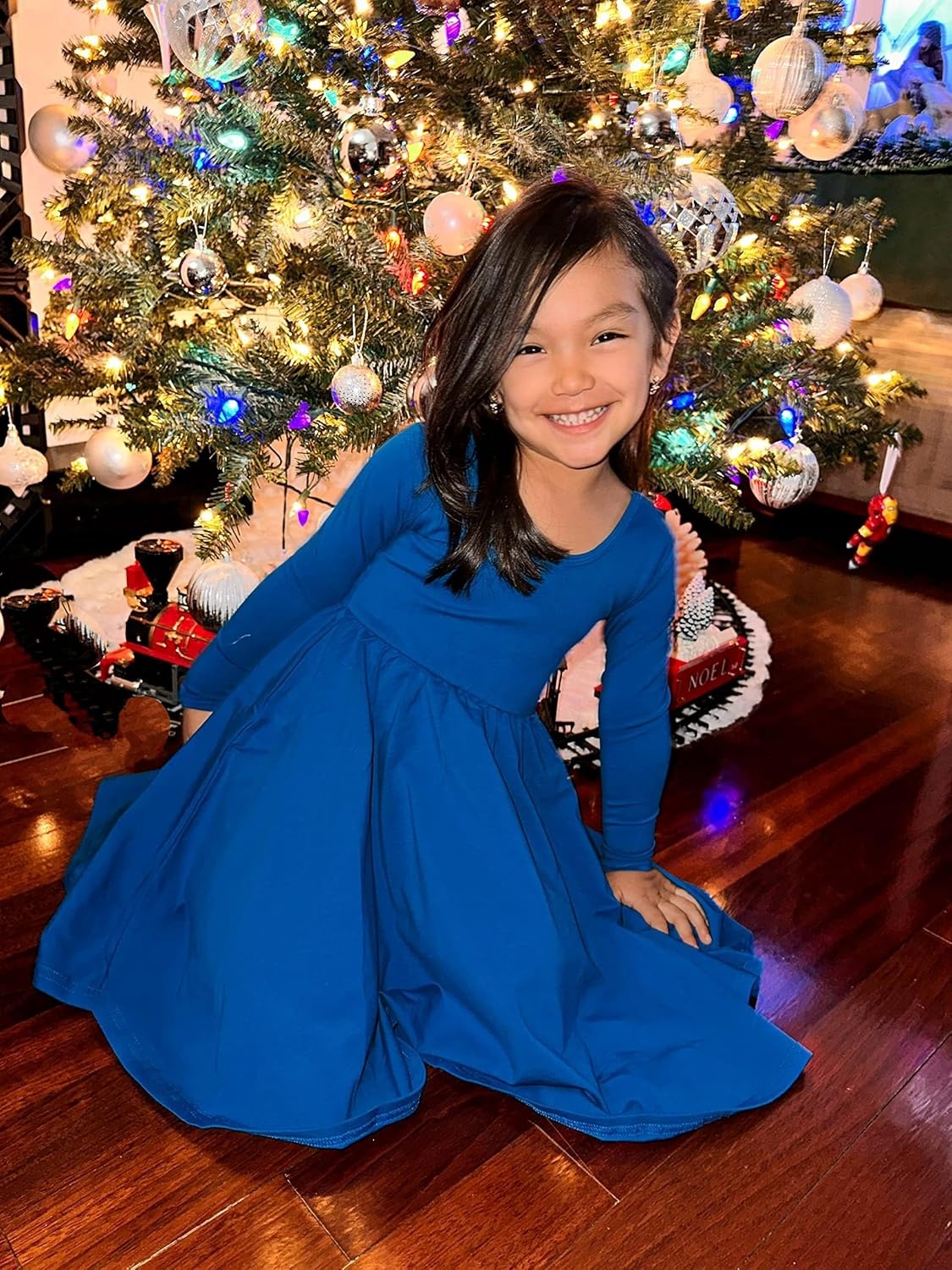Stelle Girls Cotton Long Sleeve Dress Twirl Skater Dress 3-12Y(Blue)
