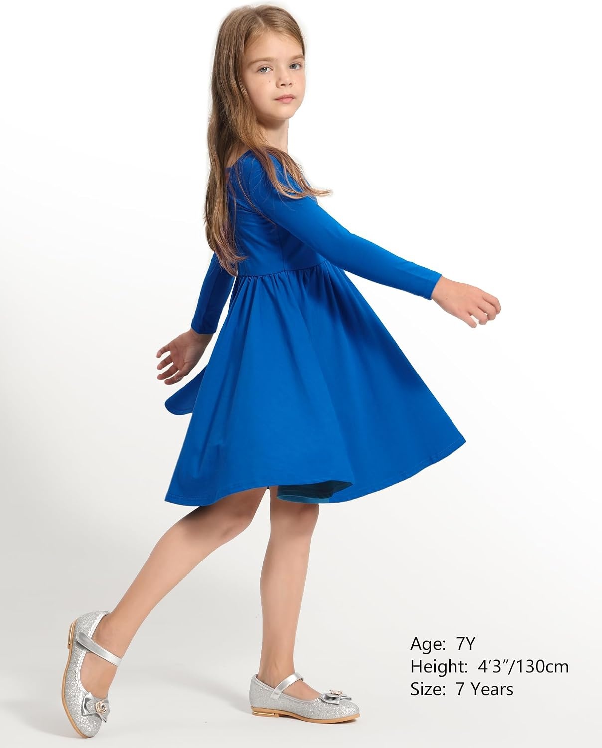 Stelle Girls Cotton Long Sleeve Dress Twirl Skater Dress 3-12Y(Blue)