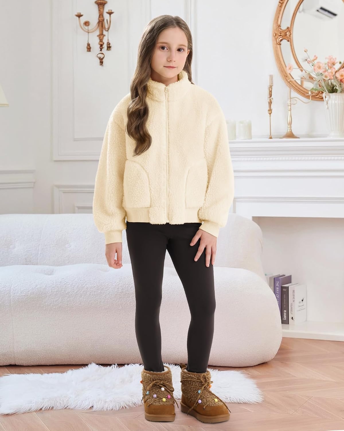 Stelle Girls Sherpa Jacket Fall Fleece Coat Full Zip Winter Fuzzy Outerwear with Pockets for 4-15 Years(Creme)