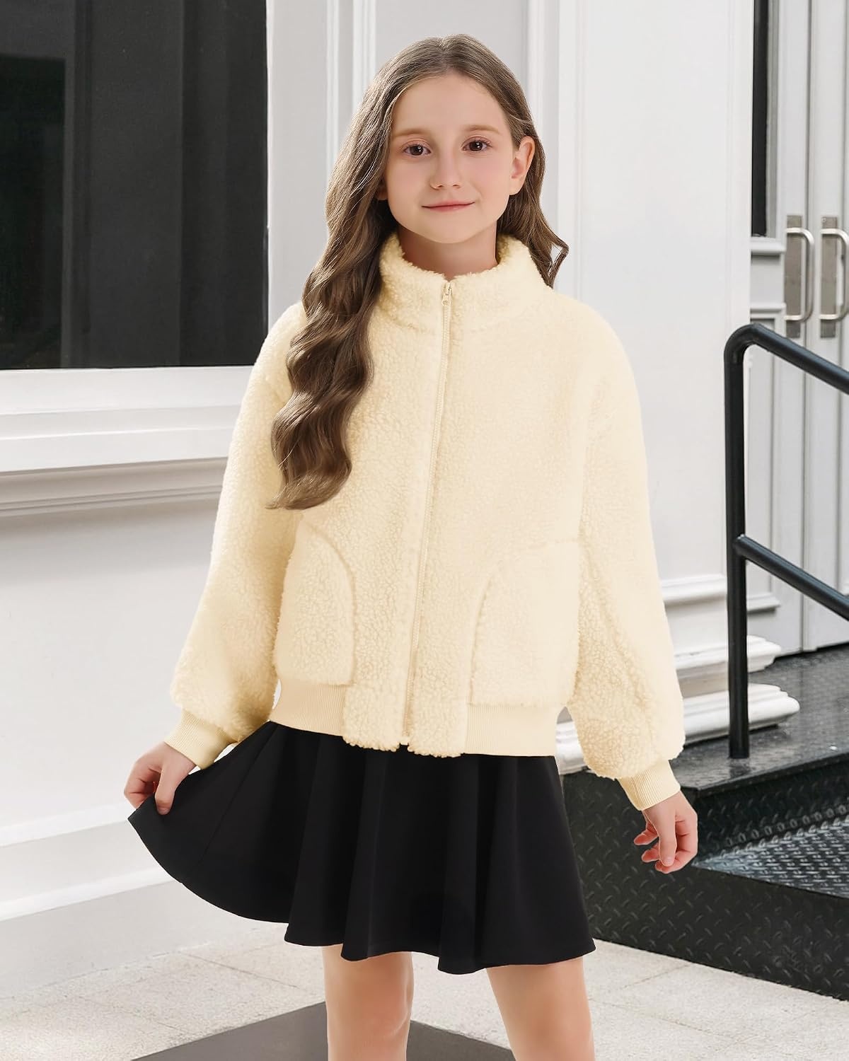 Stelle Girls Sherpa Jacket Fall Fleece Coat Full Zip Winter Fuzzy Outerwear with Pockets for 4-15 Years(Creme)