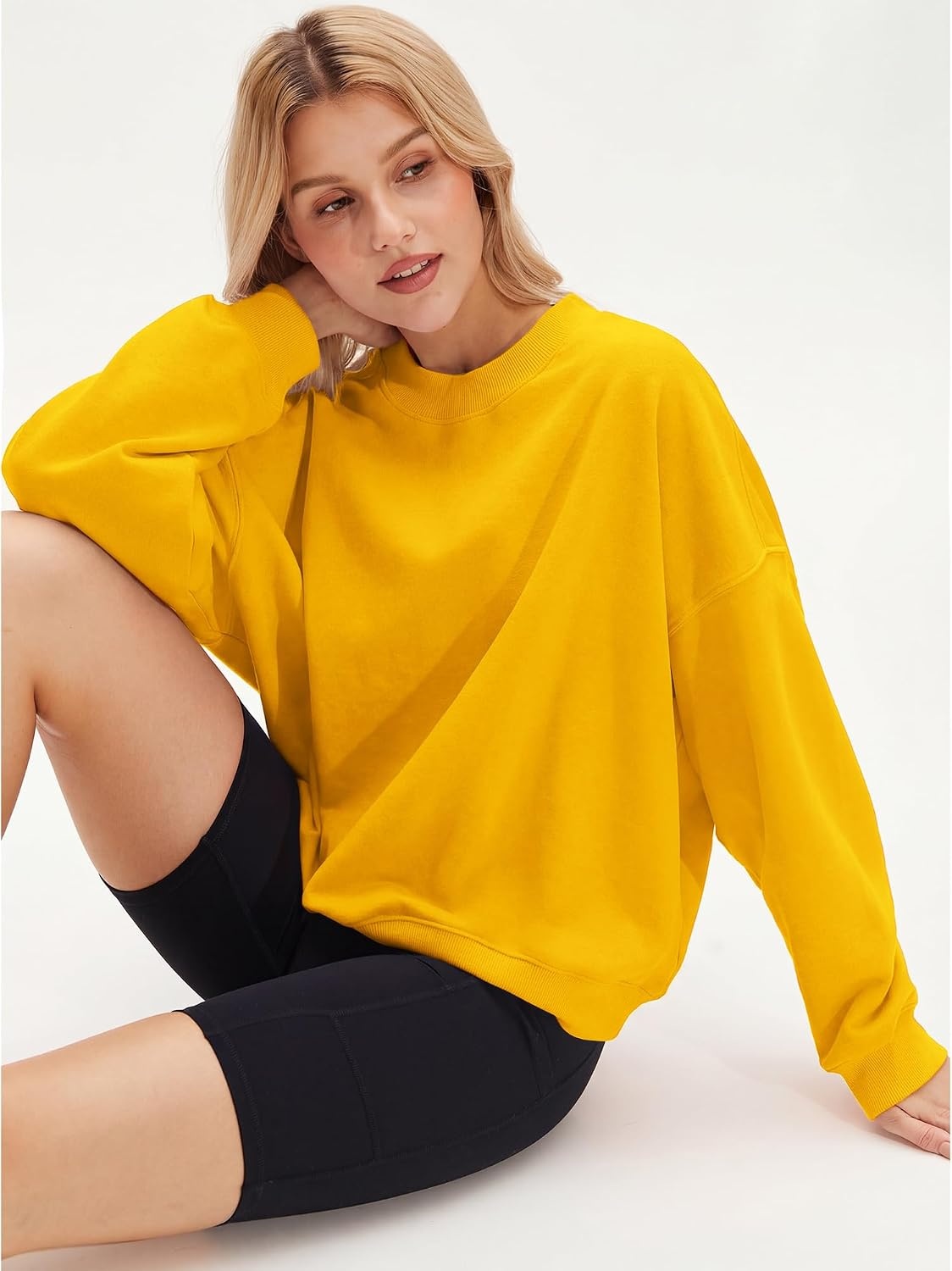 Stelle Women’s 100% Cotton Oversized Sweatshirt Crewneck Pullover | Pure Cotton, Relaxed fit, Hip-Length, Brushed comfy, Layering essential, Lounge, Travel, Streetwear, Versatile(Yolk)