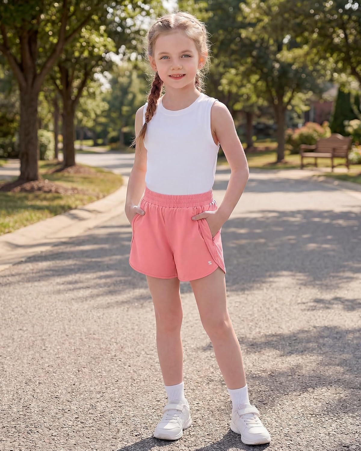 Stelle Girl Athletic Shorts with Zipper Pockets Elastic Waist Running Short(Coral)